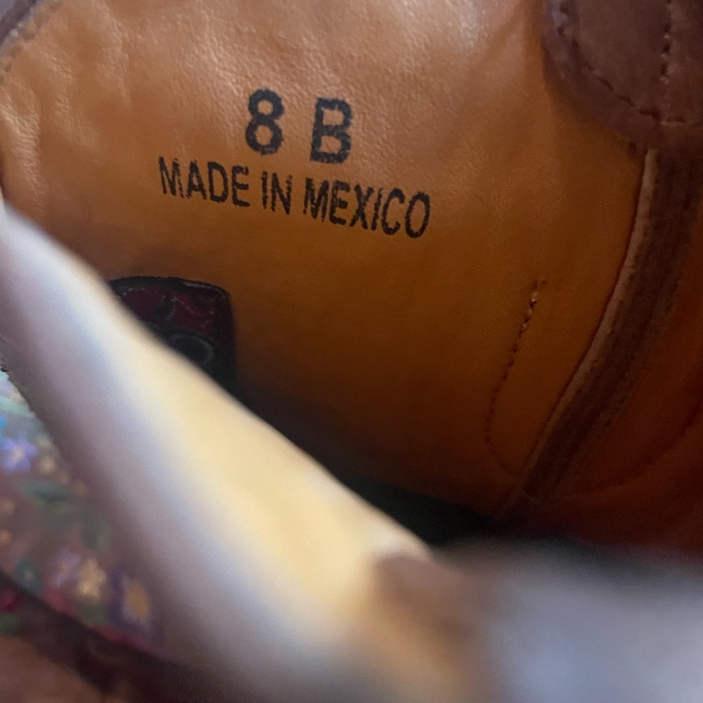 Floral Embroidered Tan Ankle Booties - Picture 2 of 4